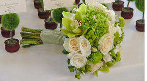 Modern wedding bouquet with peach and green flowers pictures