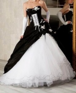 10. A-line Strapless Black Taffeta Ruffled Bridal Gown